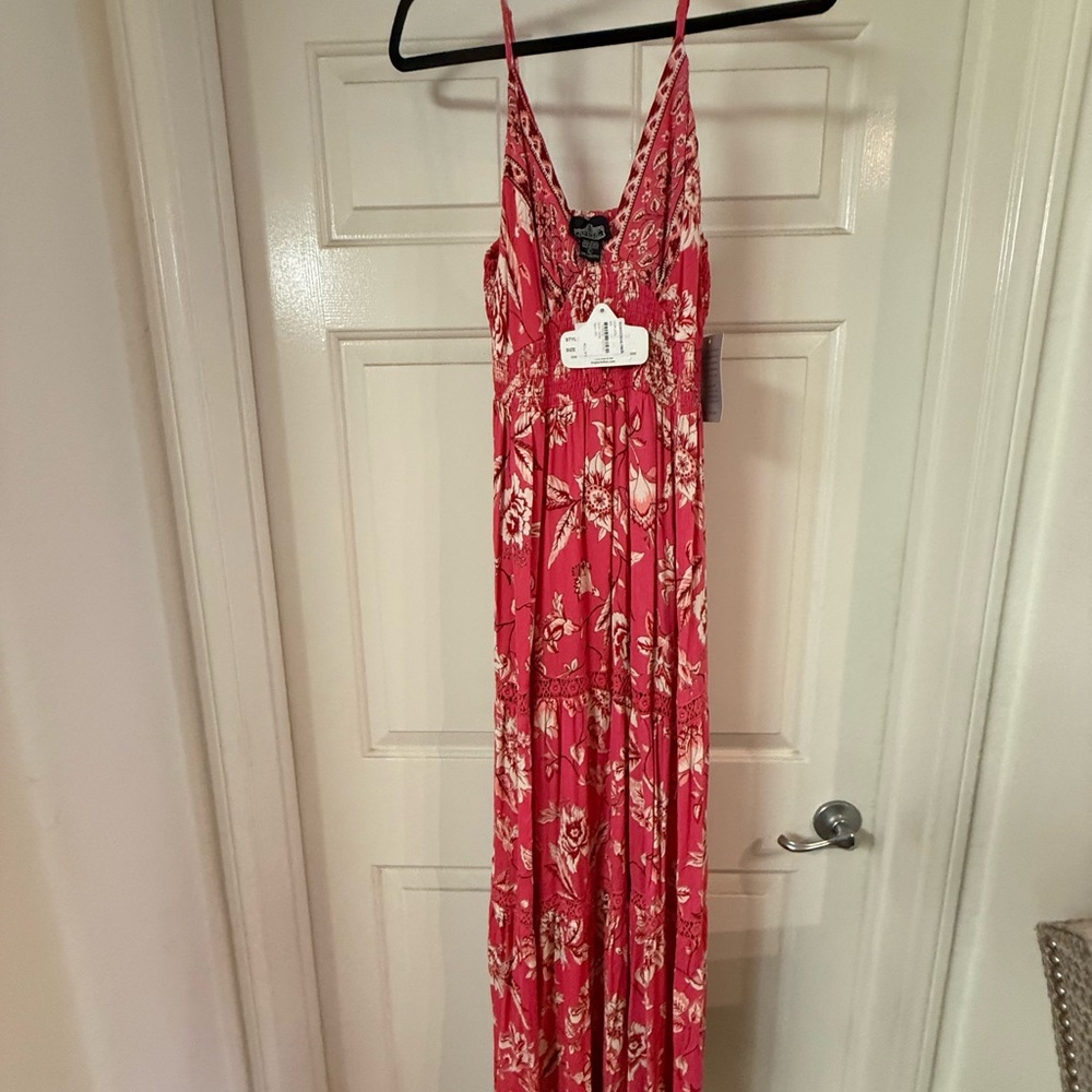 Angie pink and red Floral Maxi Dress with Spaghetti Straps